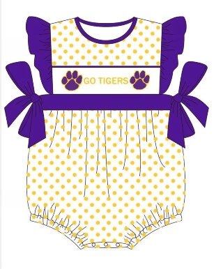 custom S go tigers yellow dot purple flutter sleeve girls romper