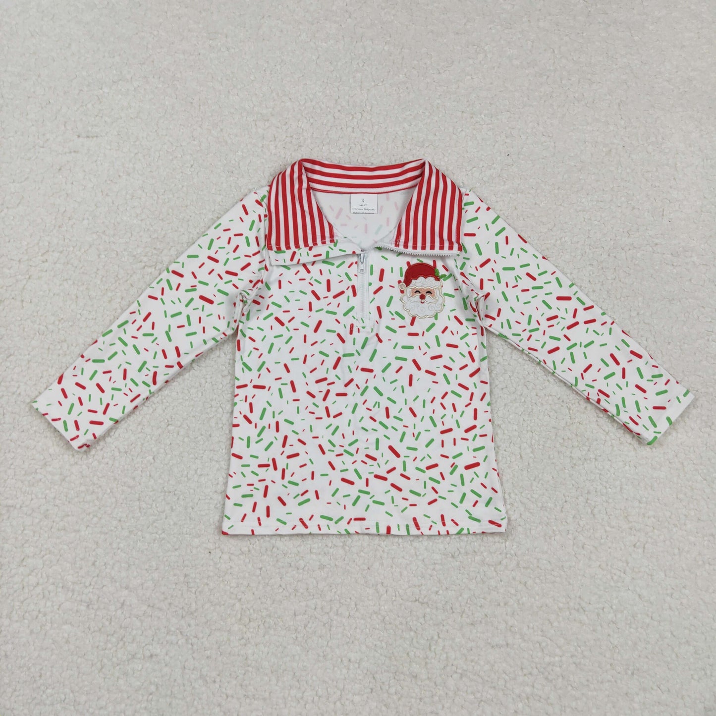 BT1294 embroidery Christmas Santa sprinkles red long sleeve boys top
