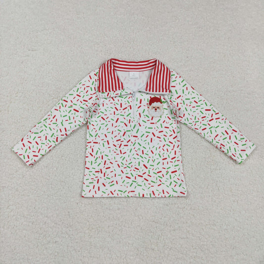 BT1294 embroidery Christmas Santa sprinkles red long sleeve boys top