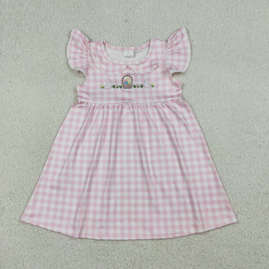 GSD2913 Easter Bunny Egg Pink Checekered Flutter Sleeve Girls Dress