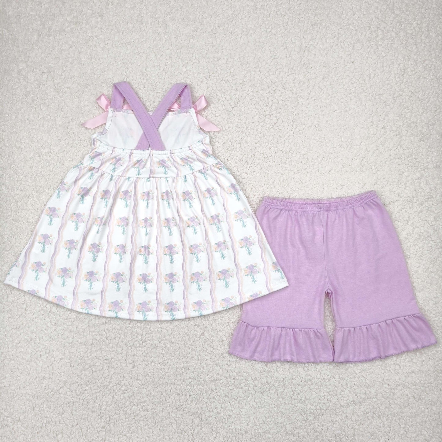 GSSO2430 purple flowers with bows camisole purple shorts girls set