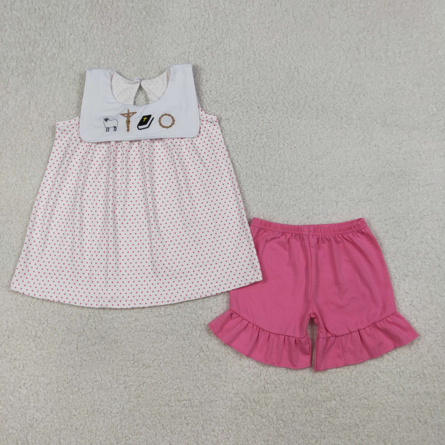 Embroidery GSSO3019 Easter Cross Sheep Sleeveless Pink Shorts Girls Set