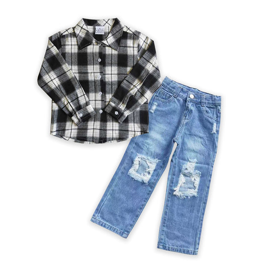 D4-16 BT0060 Black & Grey Boys Plaid Print T-shirts Blue Ripped Denim Pants Boys Set