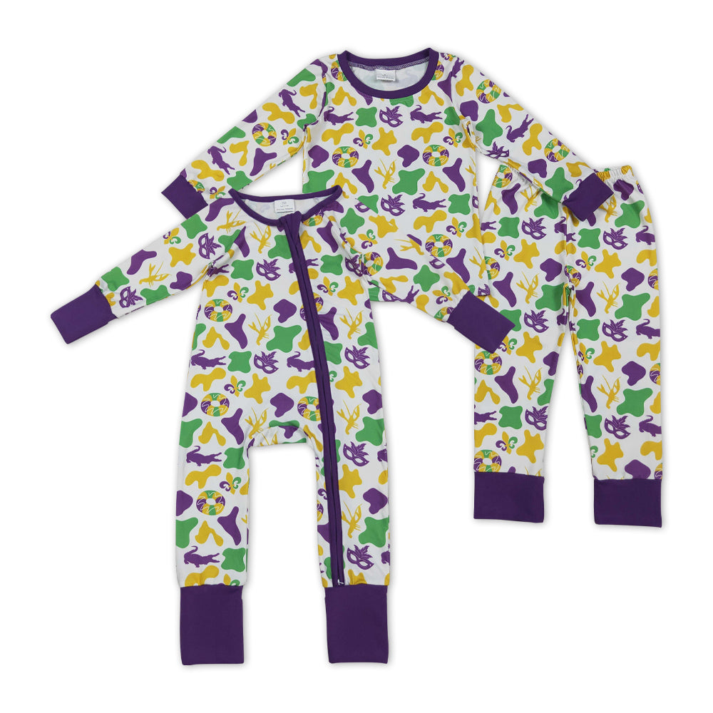 Mardi Gras purple green yellow camo mask romper/set RTS Sibling Clothes