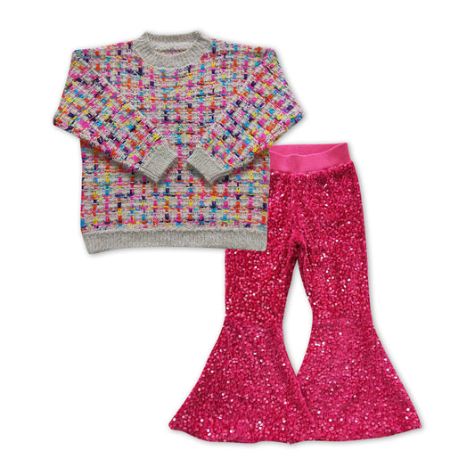 colorful sweater long sleeve hot pink sequin pants girls set