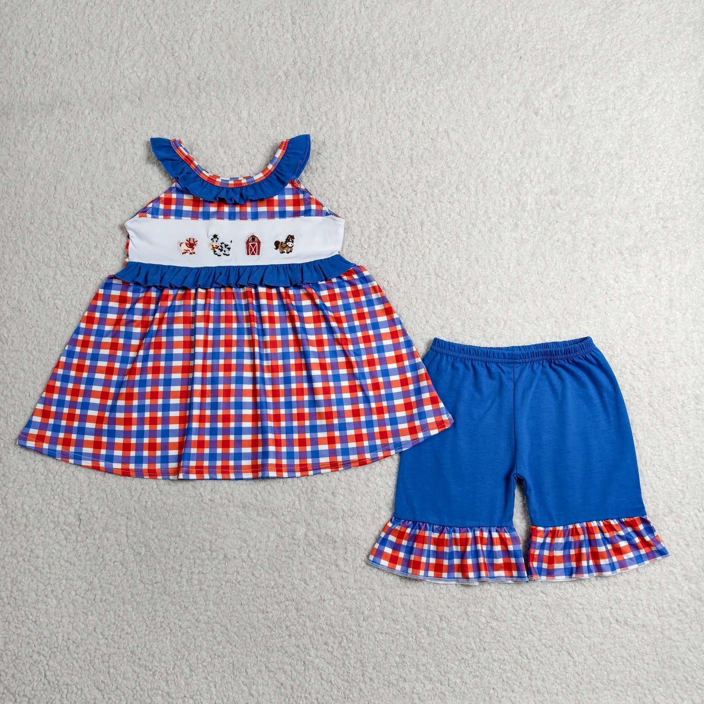 Embrpodery GSSO3056 July 4th Farm Red Blue Checkered Sleeveless Shorts Girls Set