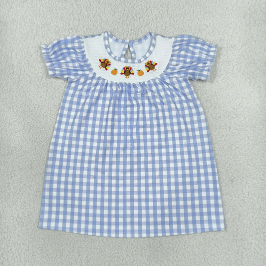 Smocked Embroidery GSD4250 Thanksgiving Turkey Pumpkin Checkered Short Sleeve Girls Dress