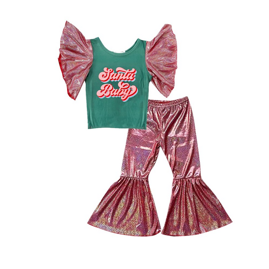 GSPO0832 Christmas Santa baby short sleeve lurex pants girls set