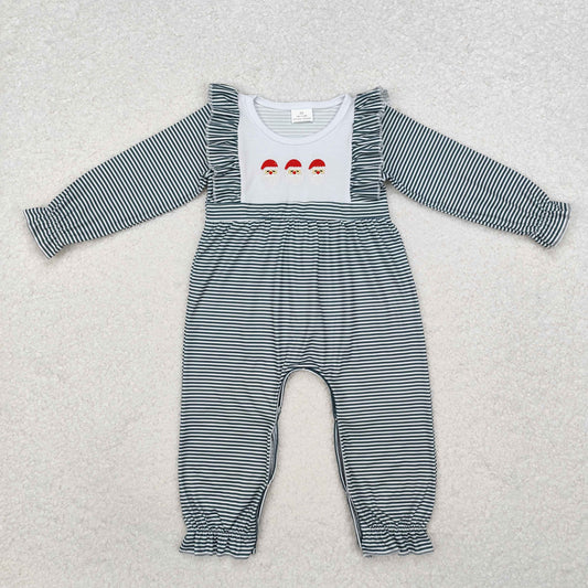 embroidery LR1586 Christmas Santa green striped long sleeve girls romper
