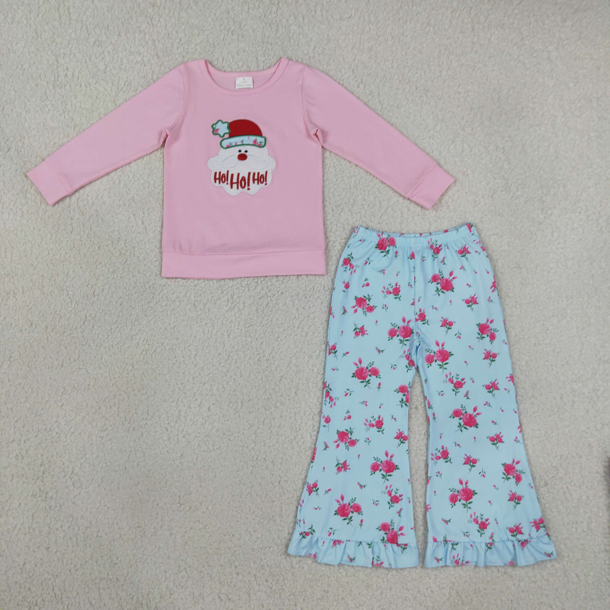 GLP3596 Christmas Santa Pink Long Sleeve Flowers Pants Girls Set