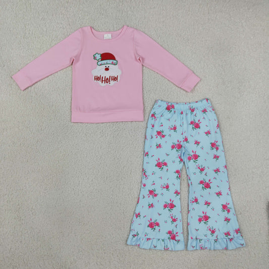 GLP3596 Christmas Santa Pink Long Sleeve Flowers Pants Girls Set