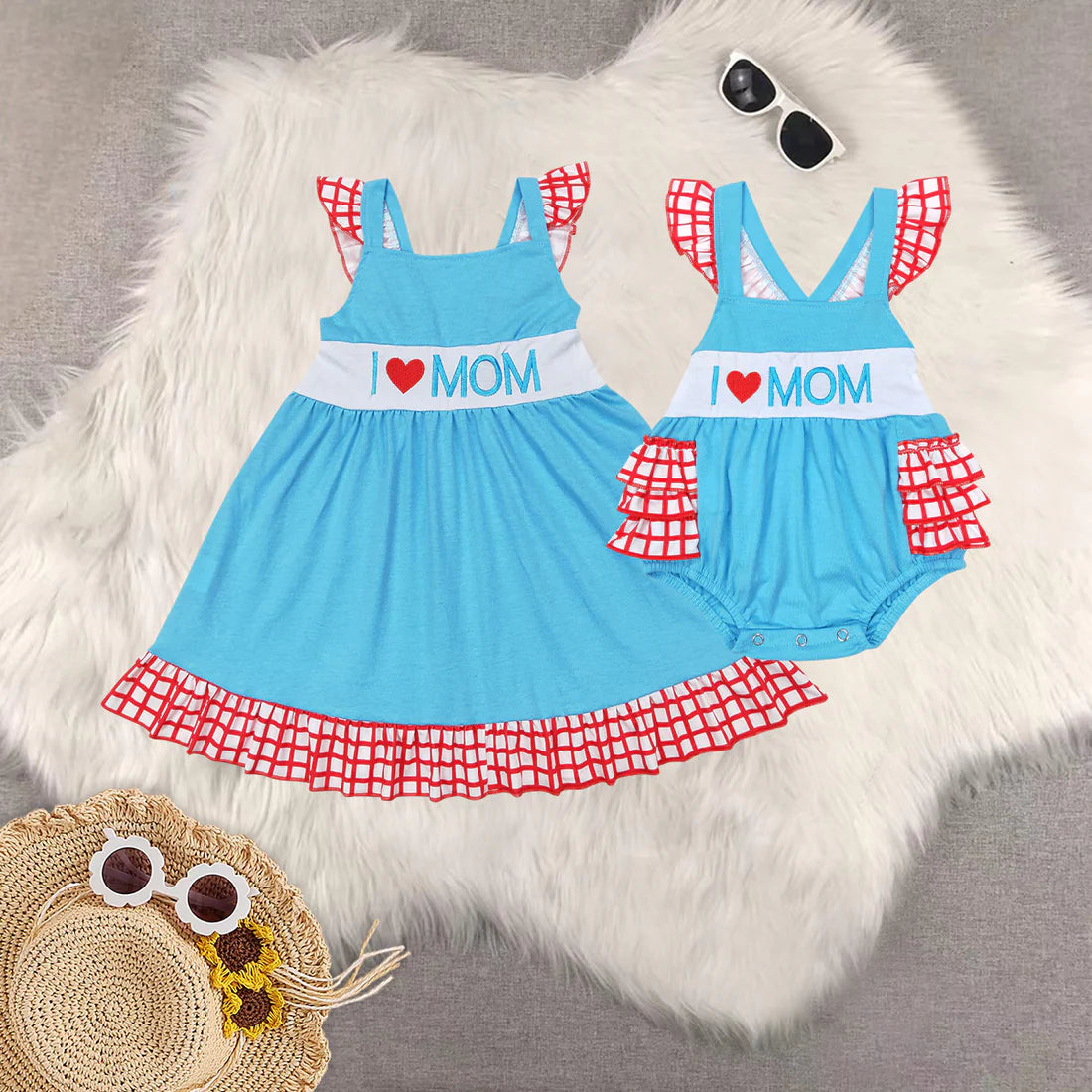 embroidery i love mon blue dress/romepr sibling clothes RTS