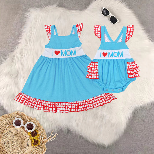 embroidery i love mon blue dress/romepr sibling clothes RTS