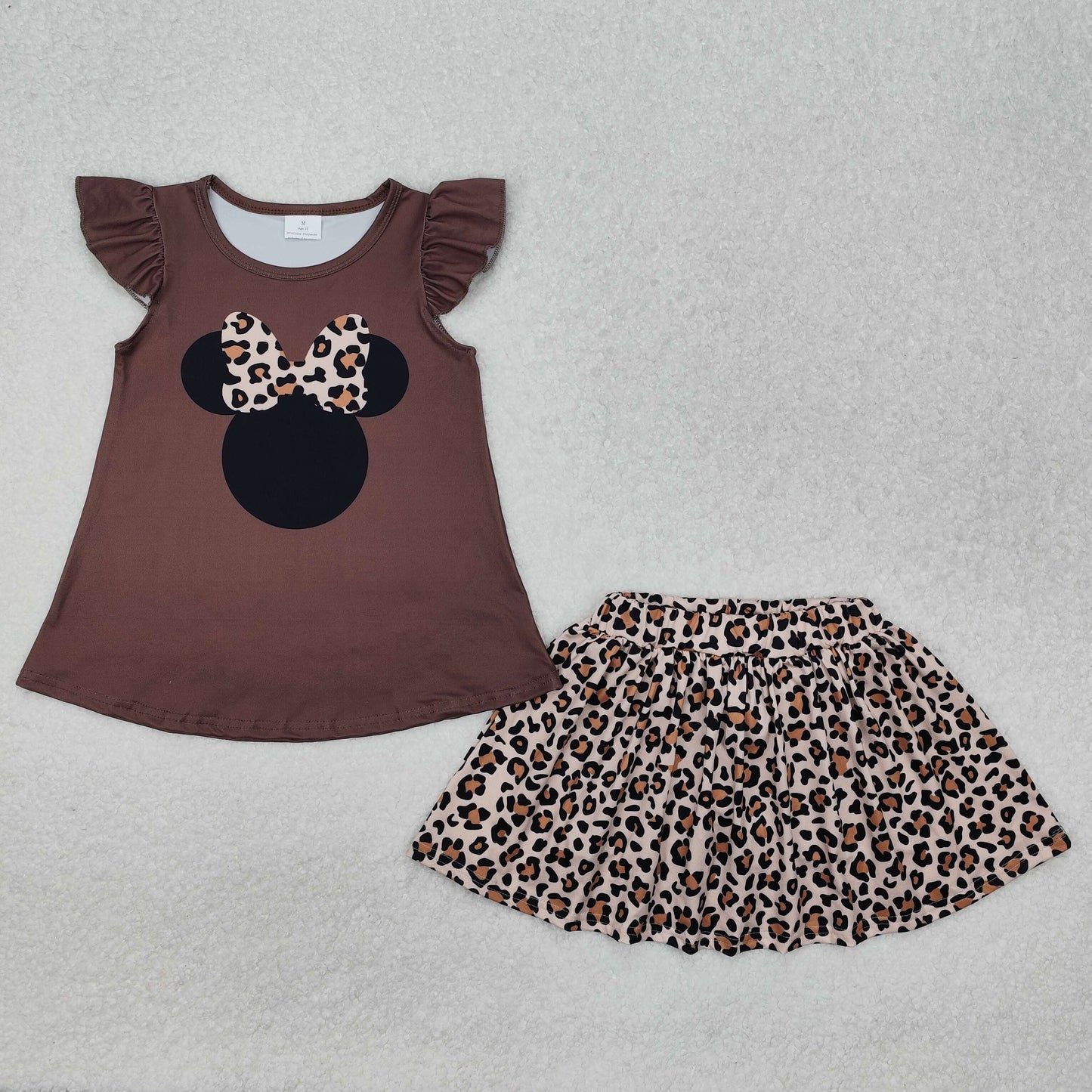 GSD1664 Cartoon M Bow Brown Flutter Sleeve Leopard Skirt With Shorts Girls Set