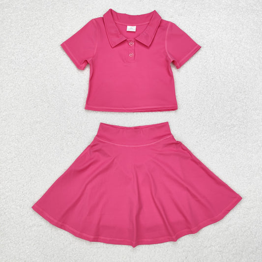 GSD1391 hot pink short sleeve skirt girls set Active Wear Athletic