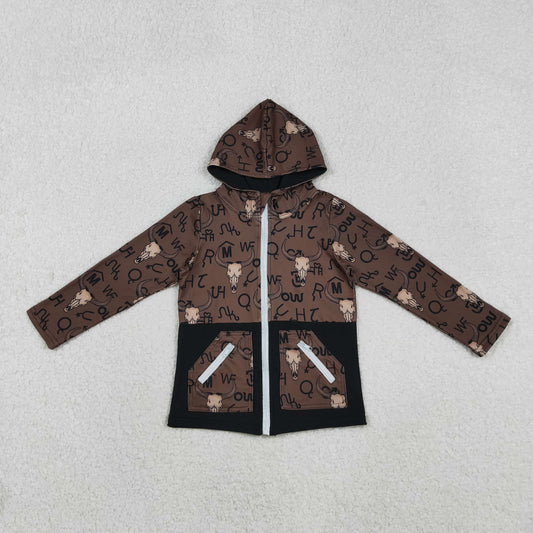 BT1337 Western cow brown hoodie zipper long sleeve boys coat