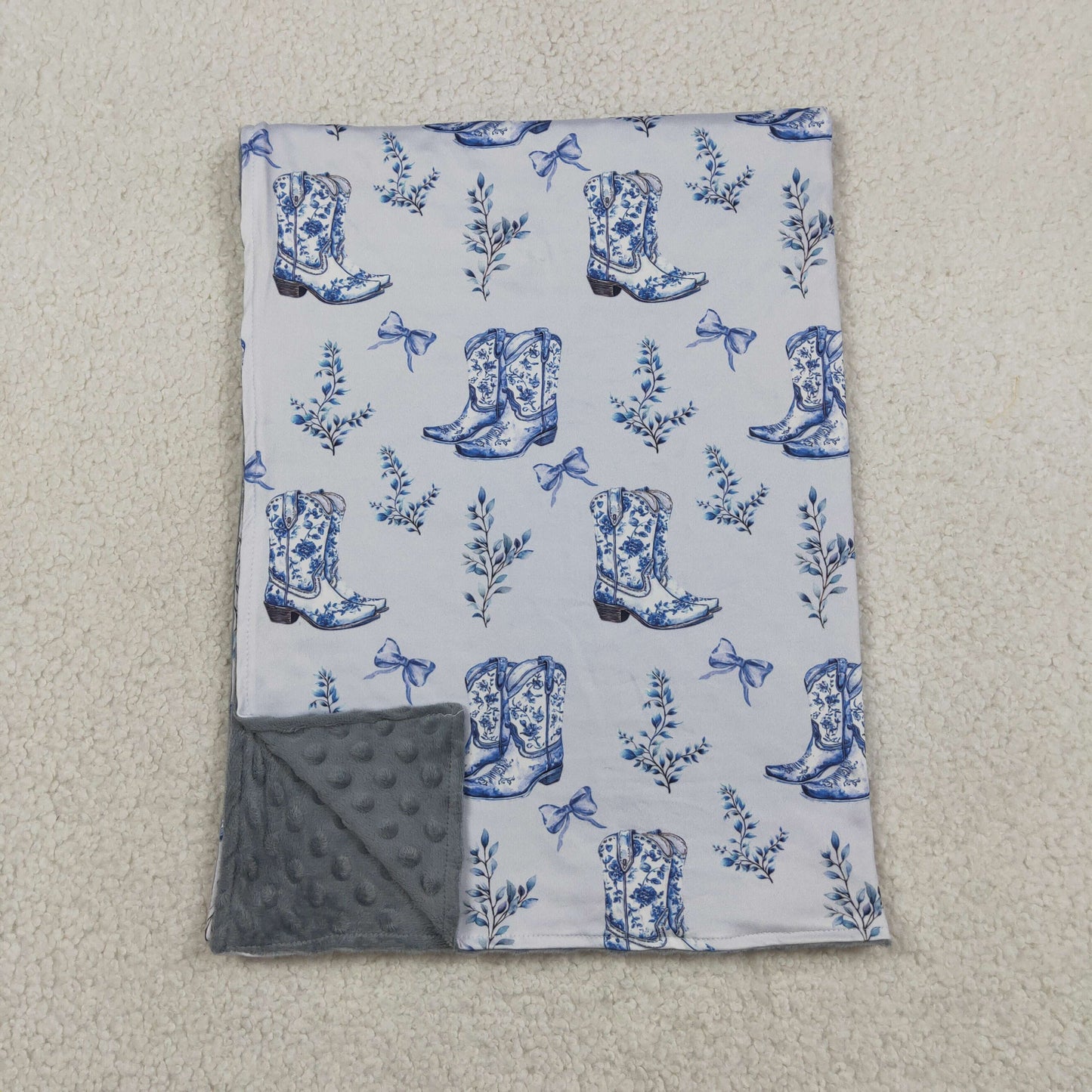 BL0229 Western boot bows blue baby blanket