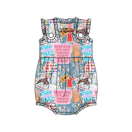 preorder Western Cowboy Singer Guitar Rodeo Blue Sleeveless Girls Romper