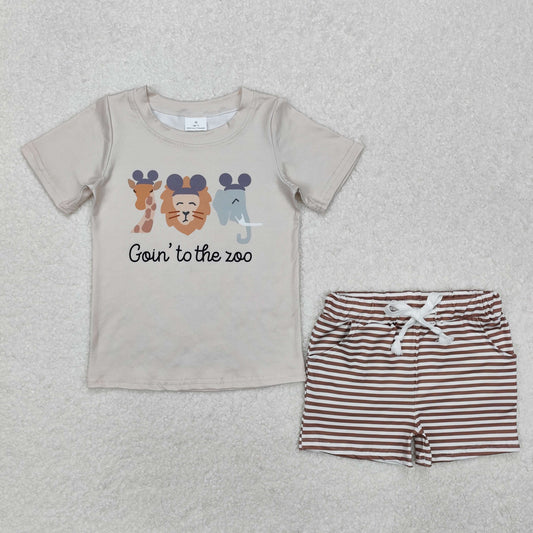 BSSO1109 goin' to the zoo elephant lion giraffe khaki short sleeve striped shorts boys set