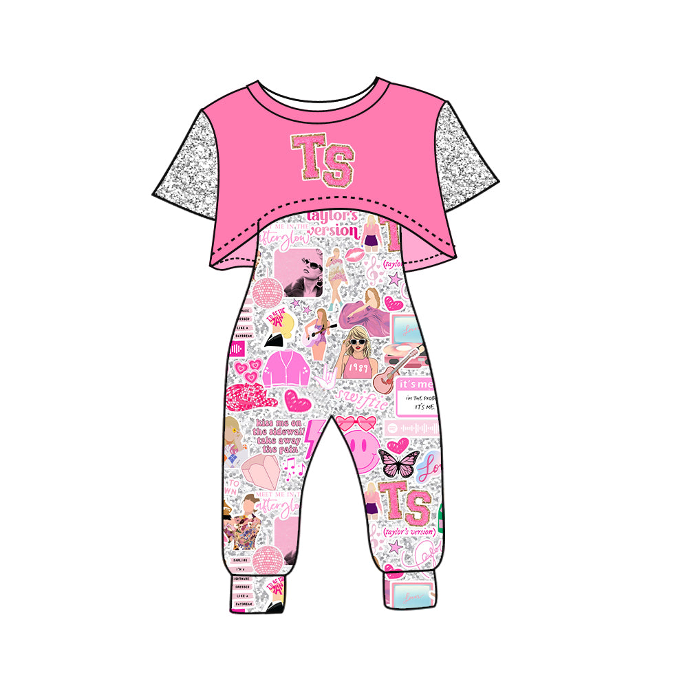 preorder GSPO1435 TS Country singer hot pink short sleeve jumpsuits girls set