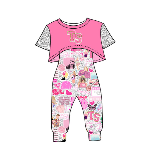 preorder GSPO1435 TS Country singer hot pink short sleeve jumpsuits girls set