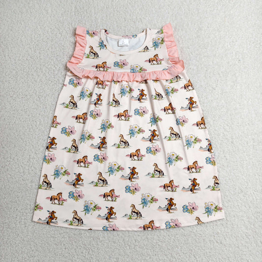 GSD1940 Western rodeo flowers pink ruffles sleeve girls dress