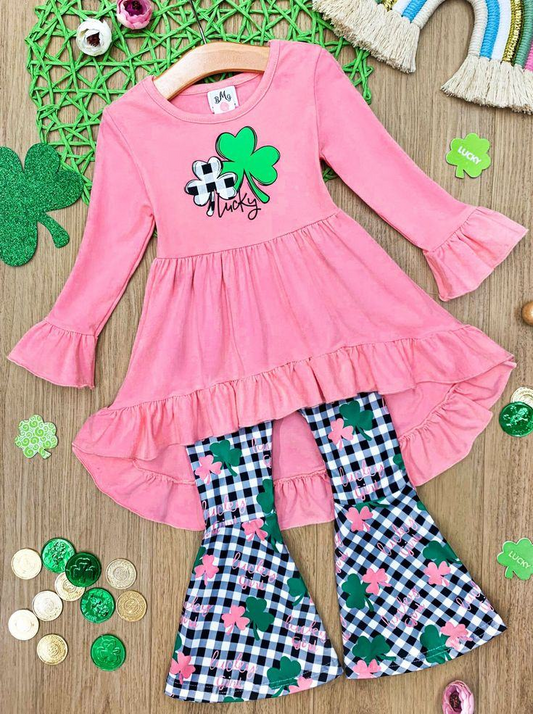preorder GLP0963 Saint Patrick lucky pink long sleeve black checkered pants girls set