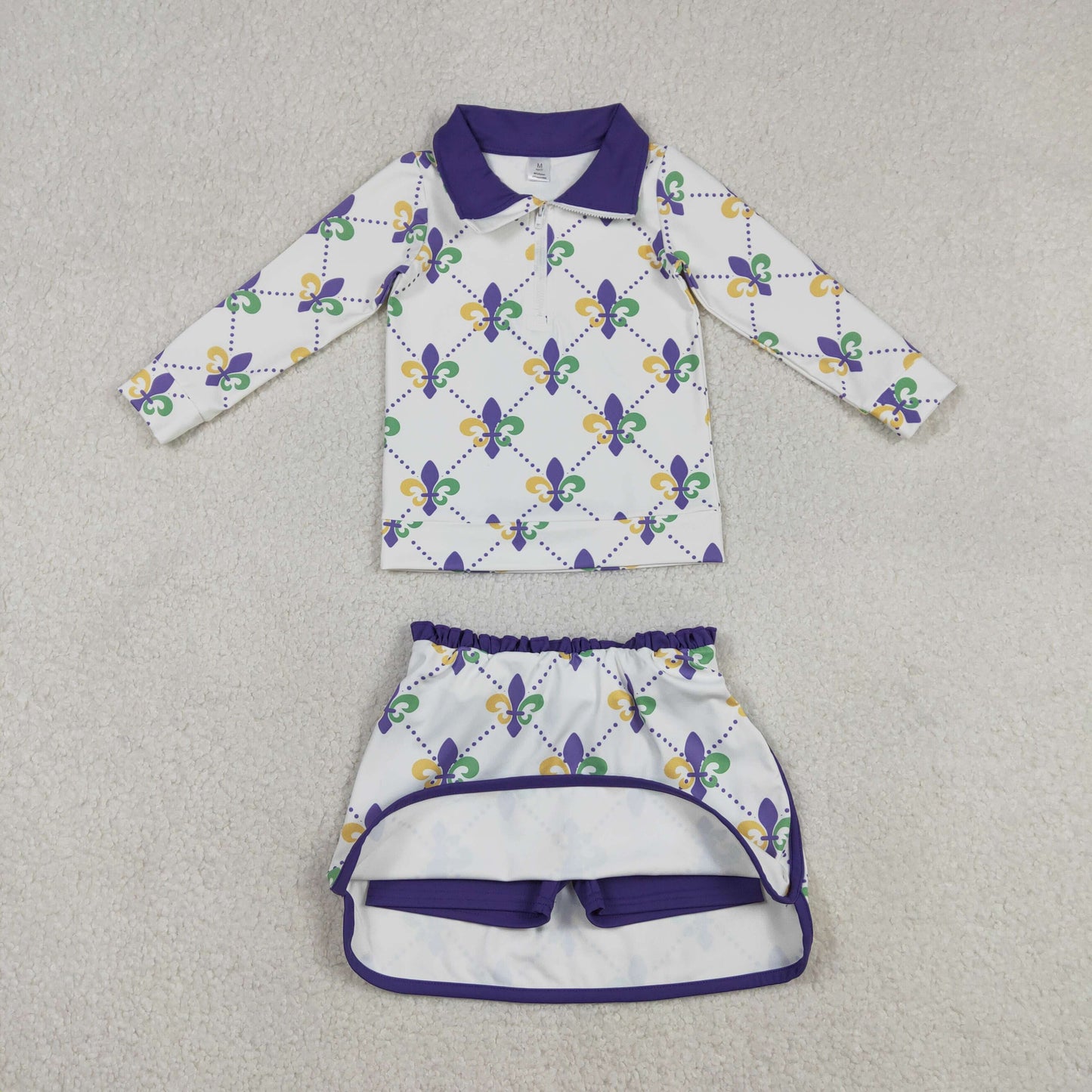 GLD1360 Mardi Gras yellow green purple zipper long sleeve skorts skirt girls set
