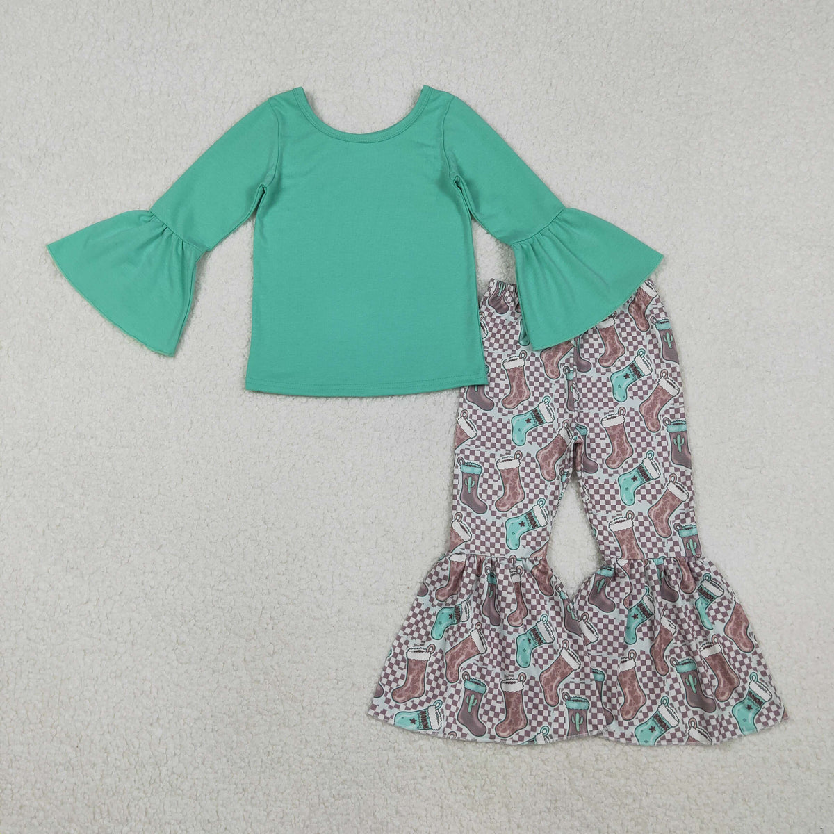 GLP3036 green long sleeve boots checkered pants girls set