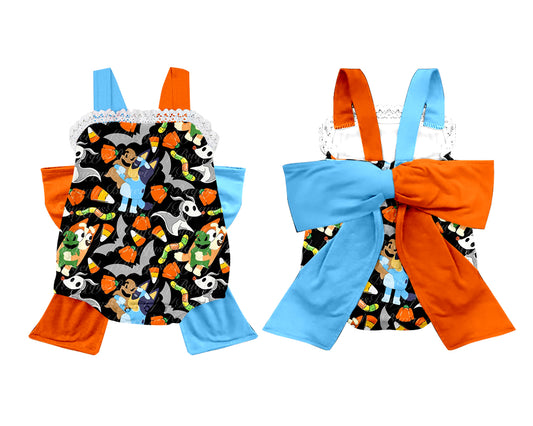 custom style Halloween blue dog corn candy with bow romper