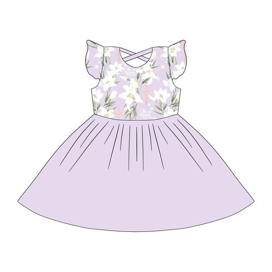 Custom Flowers Purple Flutter Sleeve Girls Dress