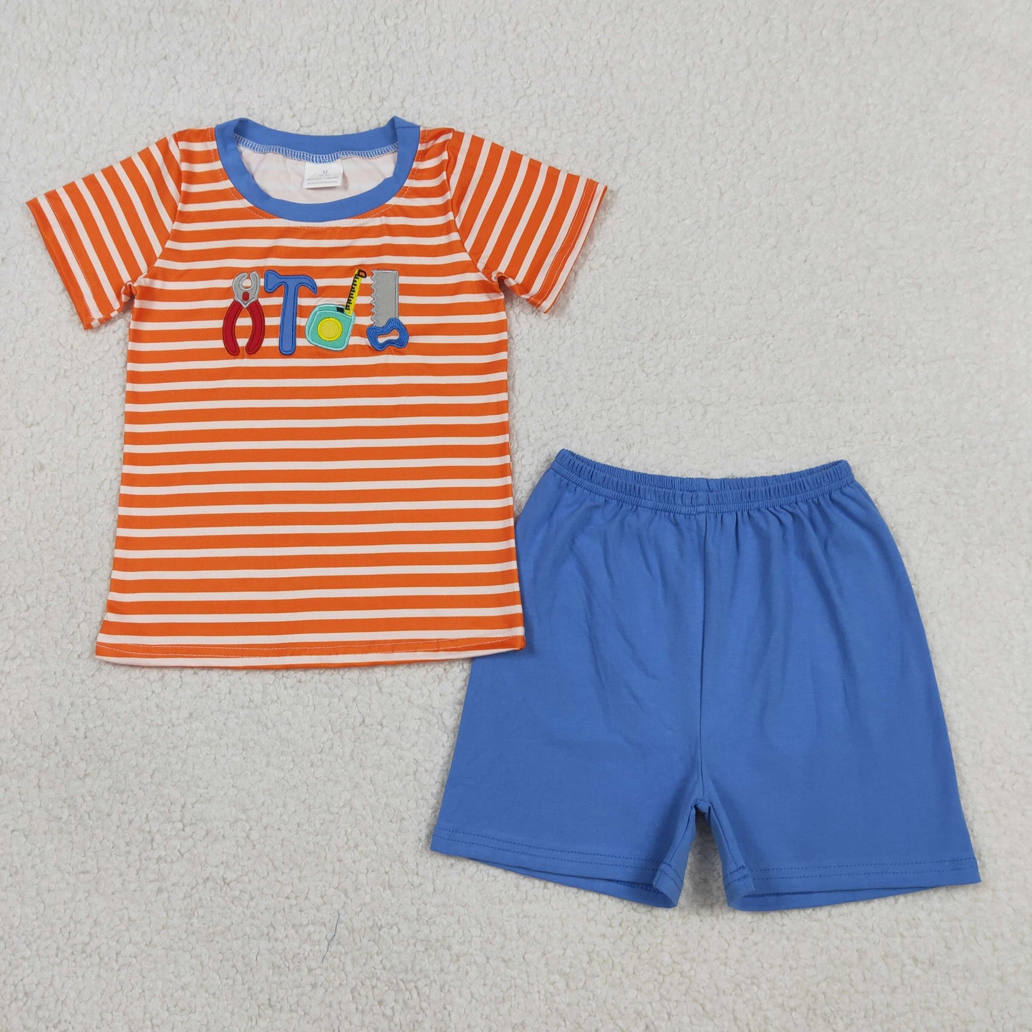 Embroidery BSSO1851 Cartoon Tools Orange Striped Short Sleeve Blue Shorts Boys Set