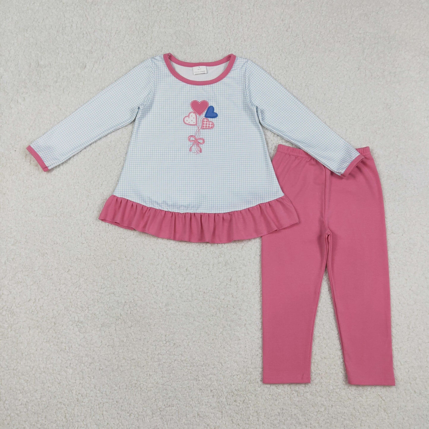 Embroidery GLP2929 Valentine's Day colorful heart blue checkered long sleeve pink pants girls set