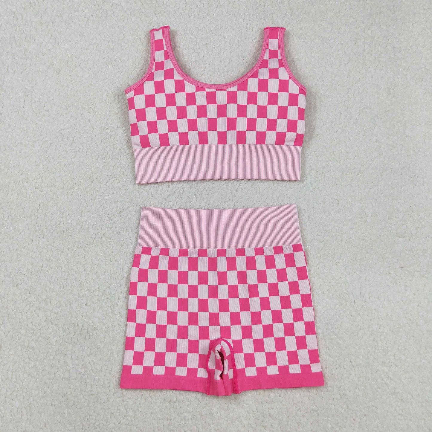 GSSO2704 adult women hot pink checkered sleeveless shorts set