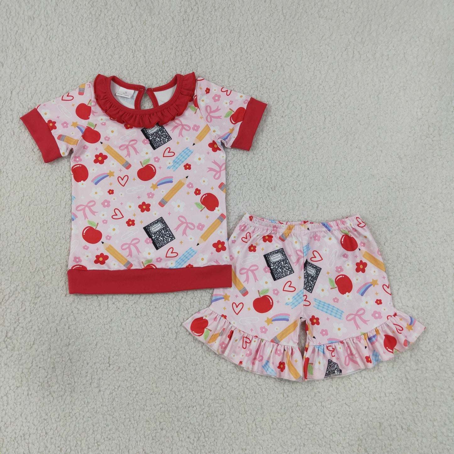 GSSO3525 Back To School Apple Red Pink Short Sleeve Shorts Girls Set