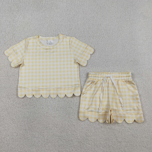 GSSO3185 Scallop Yellow Checkered Short Sleeve Shorts Girls Set