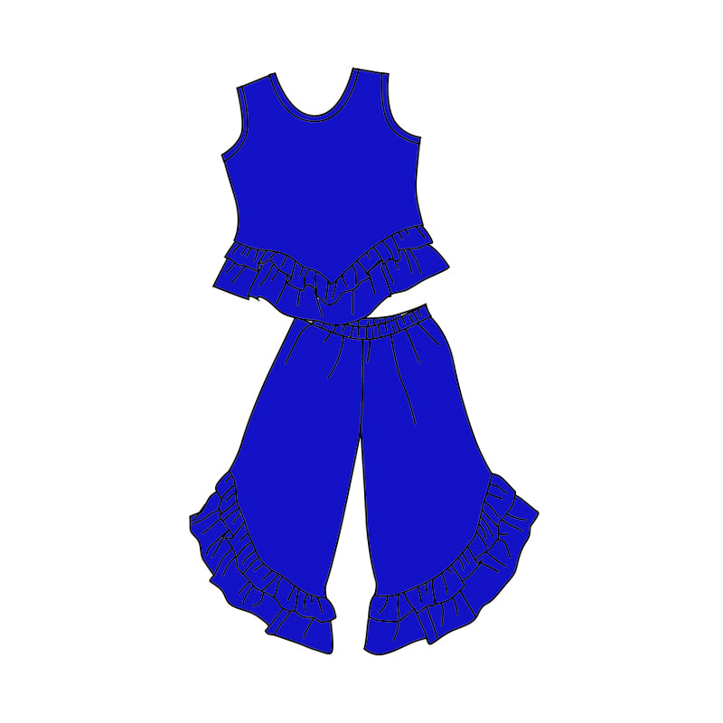 custom trendy navy blue sleeveless pants girls ruffles set