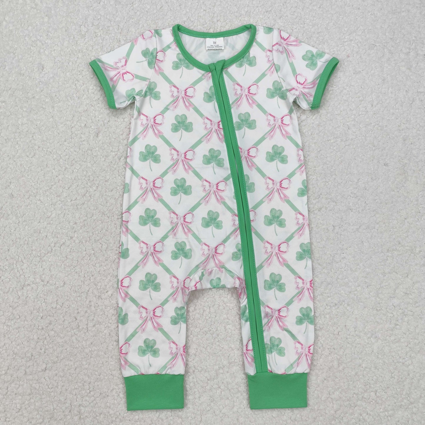 SR2109 St Patrick pink bows green clover short sleeve zipper girls romper