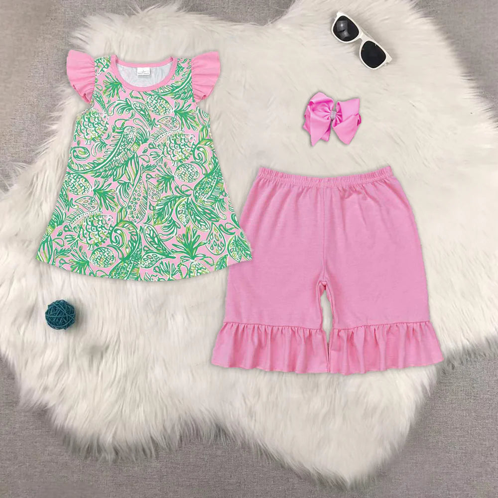 green leaf flutter sleeve pink shorts girls set GT0561+SS0356