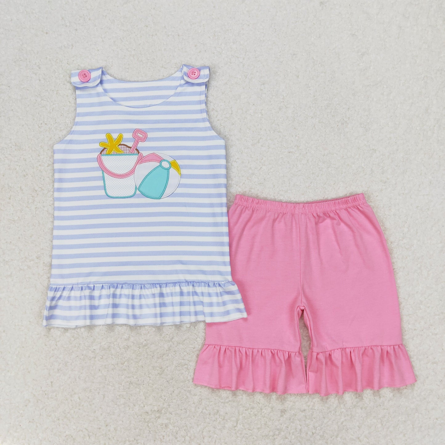 GSSO1442 sandbeach ball blue striped sleeveless pink ruffles shorts girls set