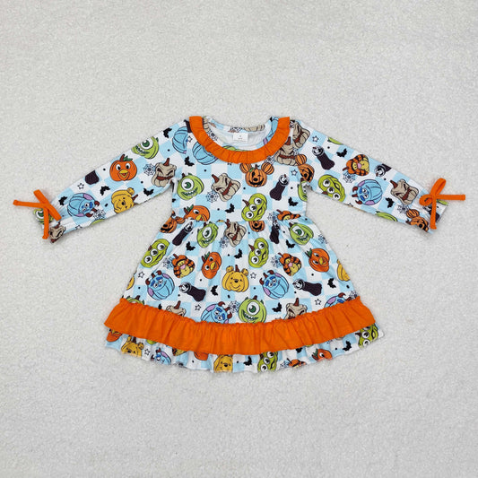 GLD0791 cartoon animals toy pumpkin blue checkered long sleeve girls dress