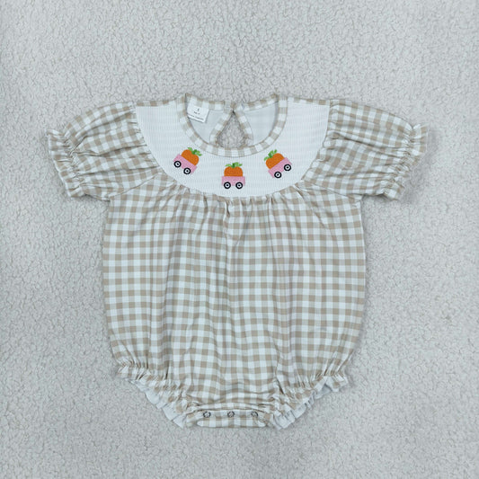 Smocked Embroidery SR4280 Pumpkin Checkered Short Sleeve Girls Romper