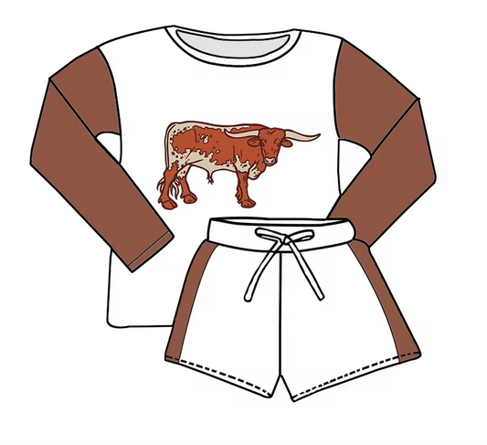 custom style cute cow brown long sleeve shorts kids set