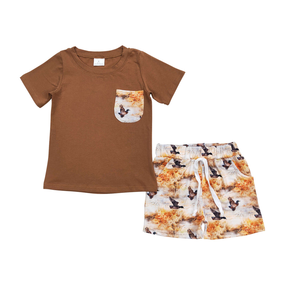 BSSO0776 mallard duck brown pocket short sleeve shorts boys set