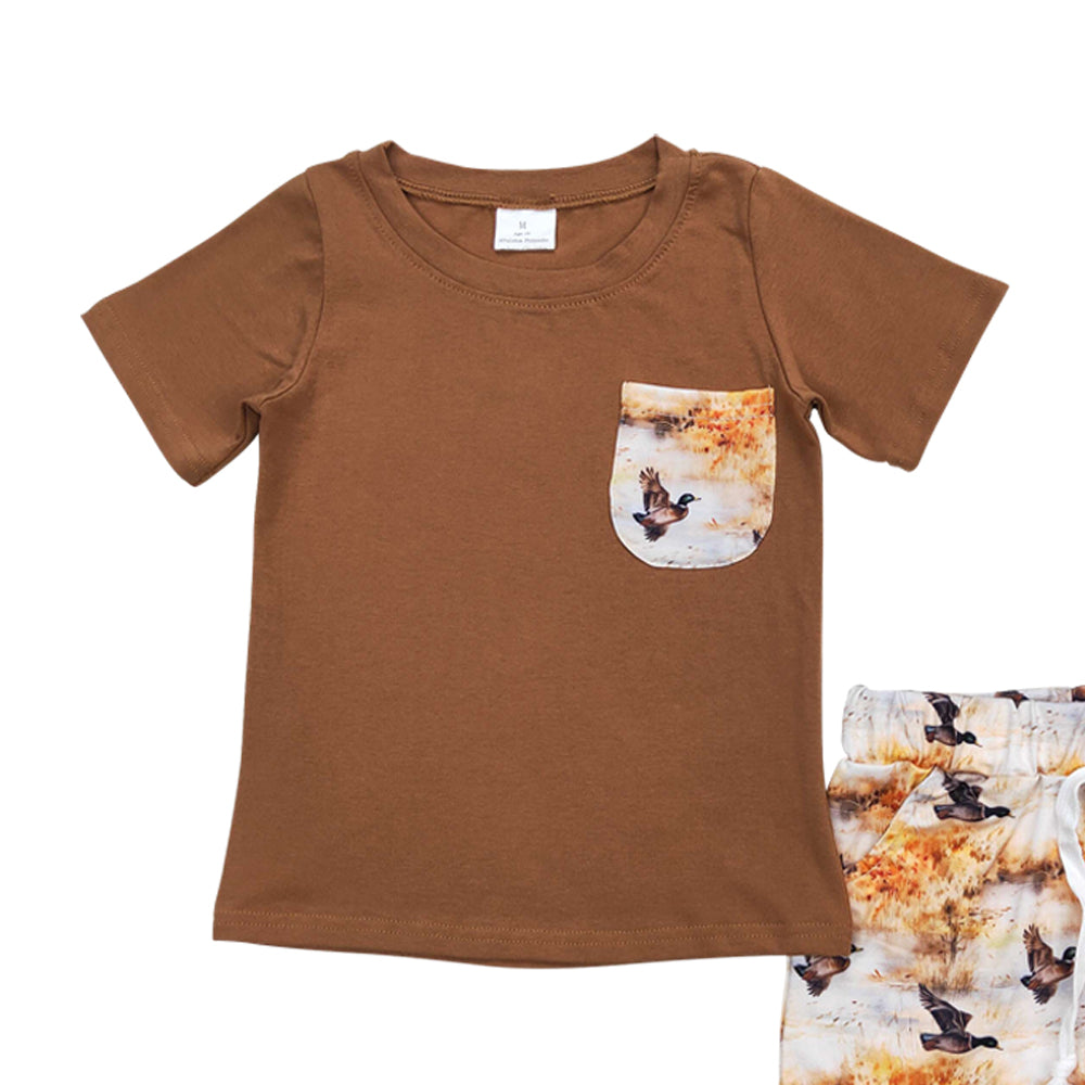 BSSO0776 mallard duck brown pocket short sleeve shorts boys set