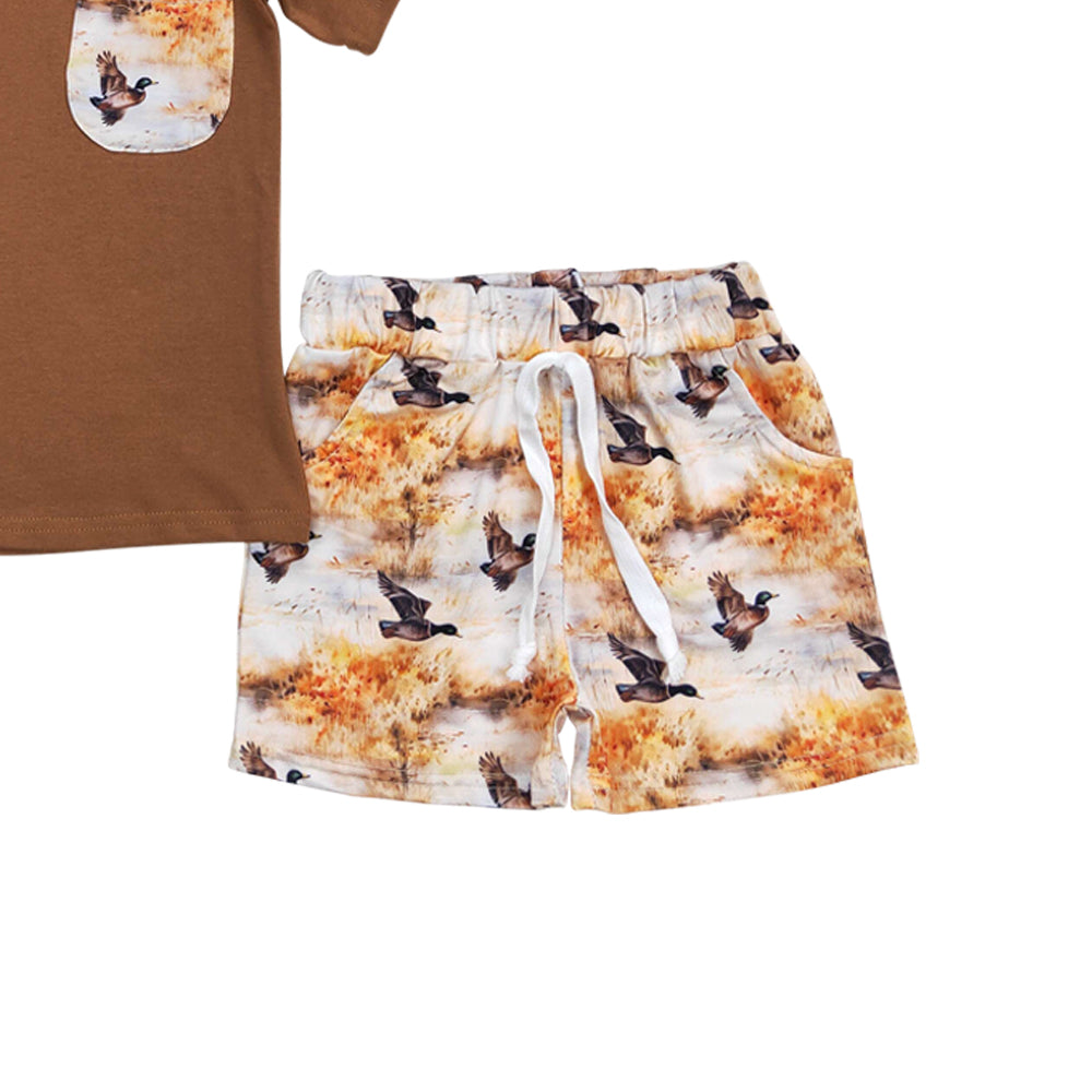BSSO0776 mallard duck brown pocket short sleeve shorts boys set