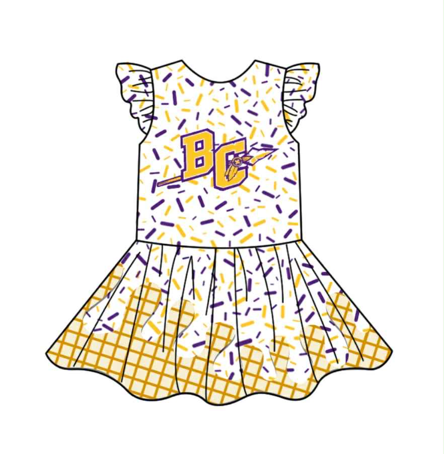 custom moq 3 football item purple yellow BC ice flutter sleeve girls dress