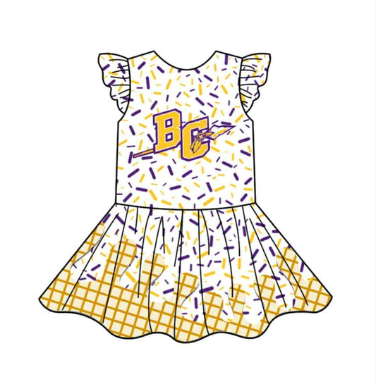 custom moq 3 football item purple yellow BC ice flutter sleeve girls dress