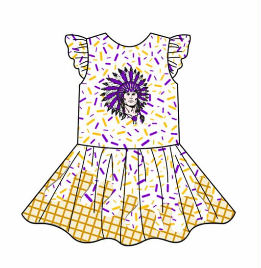 custom moq 3 football item purple yellow ice flutter sleeve girls dress