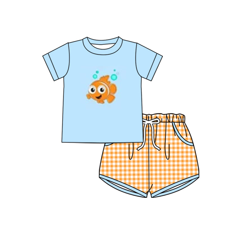 custom S cartoon cute fish sky blue short sleeve orange checkered shorts boys set